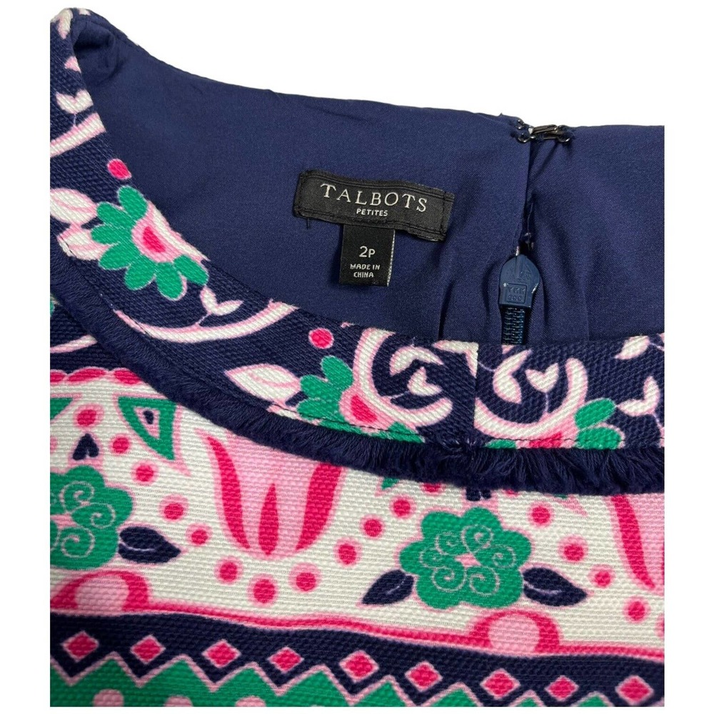 Talbots Womens Shift Dress Size 2P Sleeveless Multicolor Geometric Fringe Knee - Picture 9 of 12